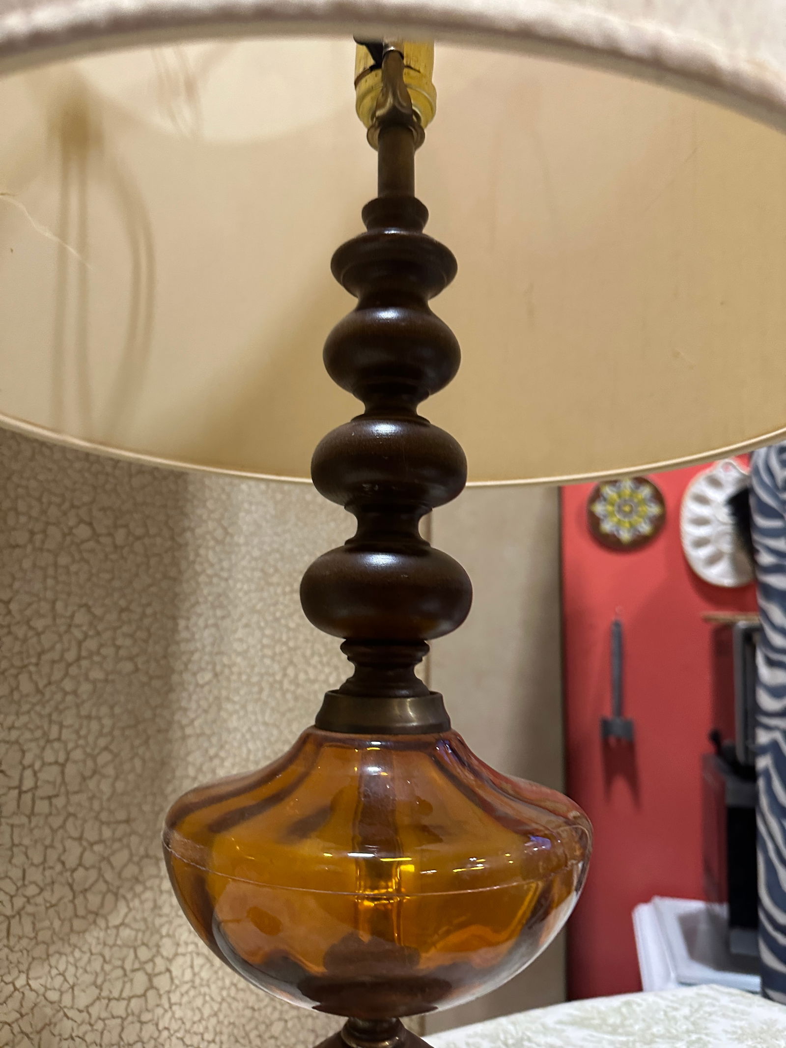 Vintage Brass and Amber Glass Large Table Lamp - 5