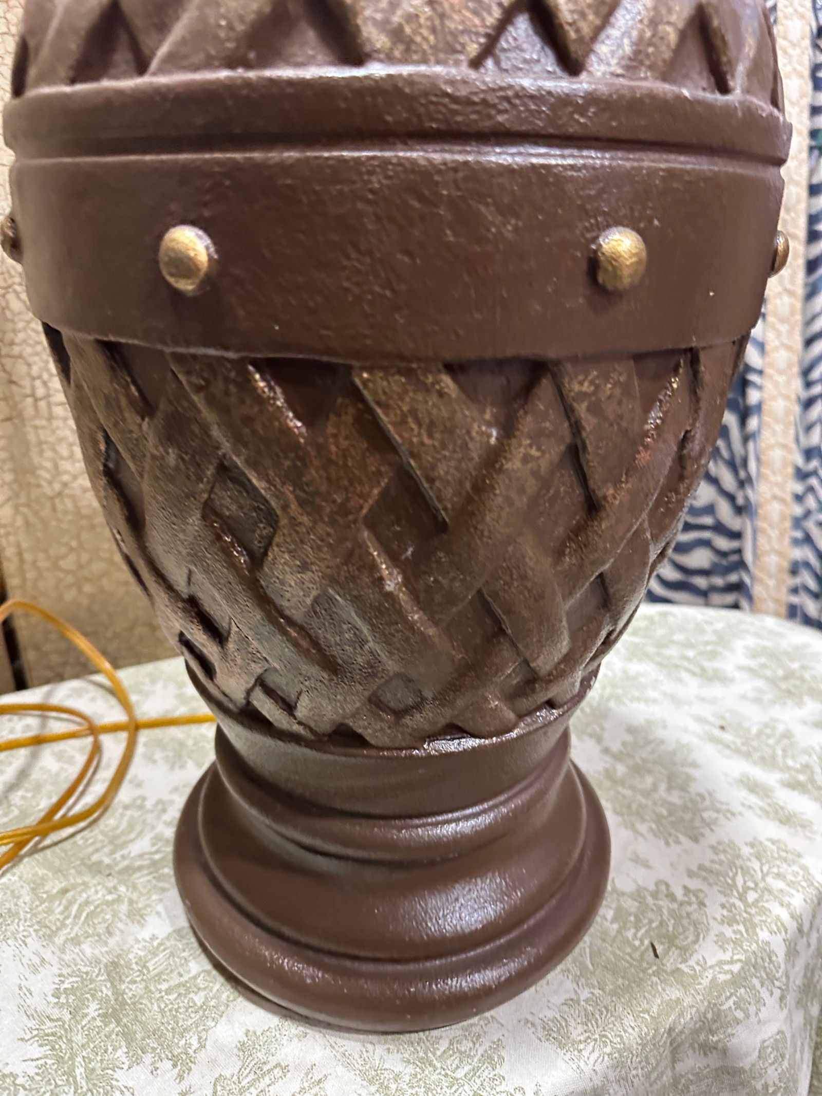 1970s Large Brown Ceramic Round Woven Style Table Lamp - 2
