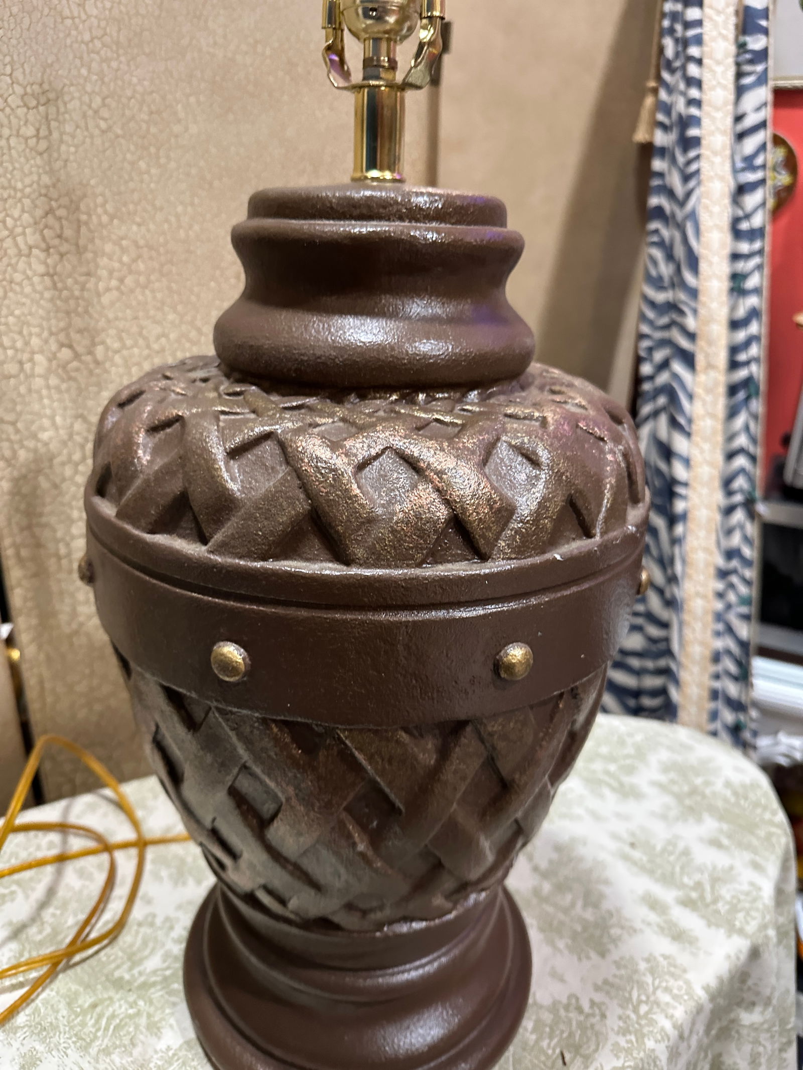 1970s Large Brown Ceramic Round Woven Style Table Lamp - 5