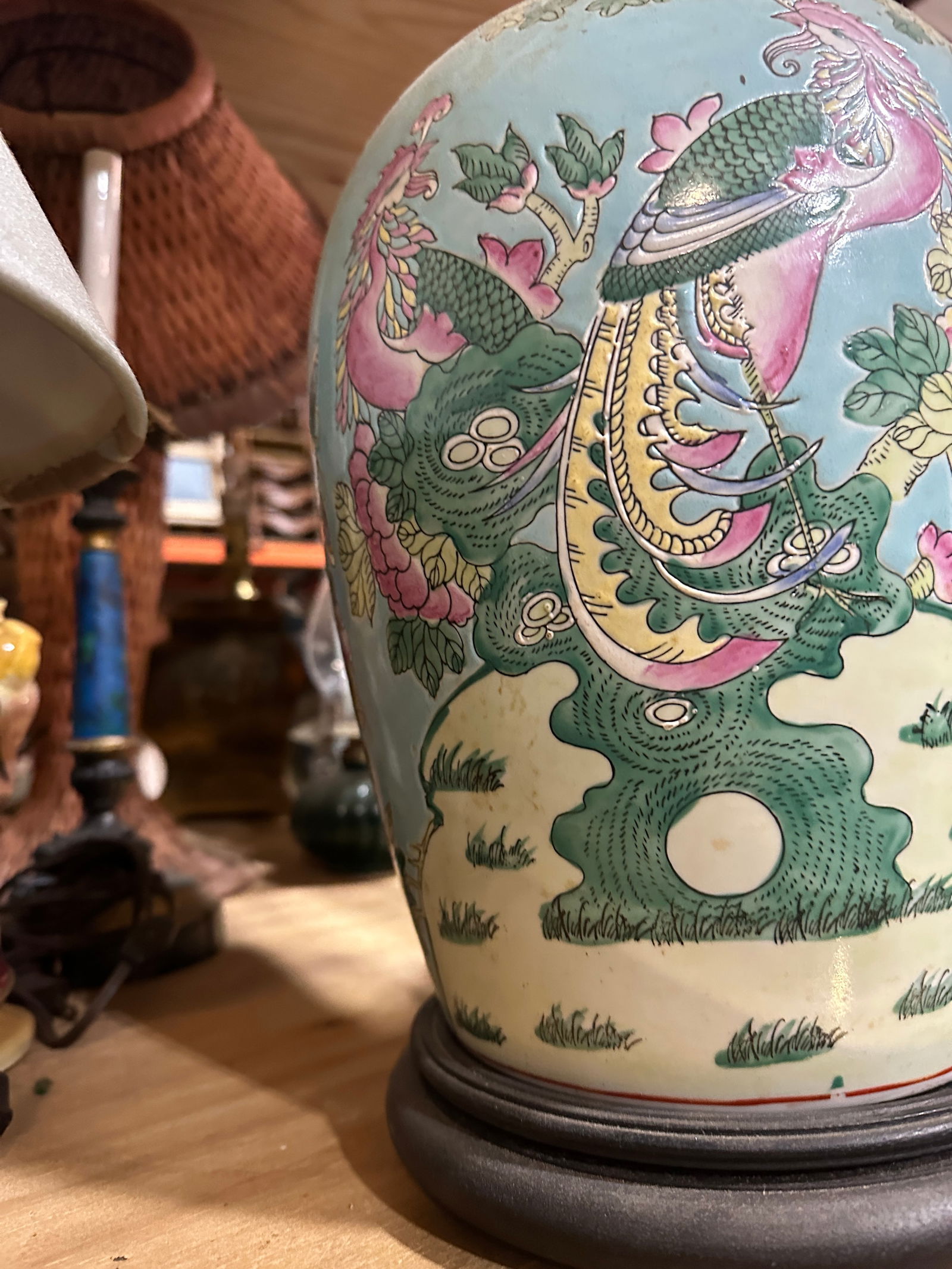 Vintage Asian Blue Hand Painted Table Lamp - 2