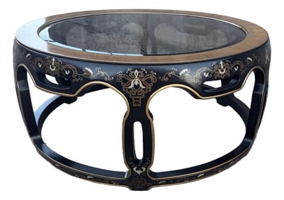 Vintage Drexel Chinoiserie Black Lacquer & Gold Gilt Round Glass Drum Coffee Table