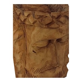 1930s Hand-Carved Wooden Face Sculpture Rustic Holiday Nativity