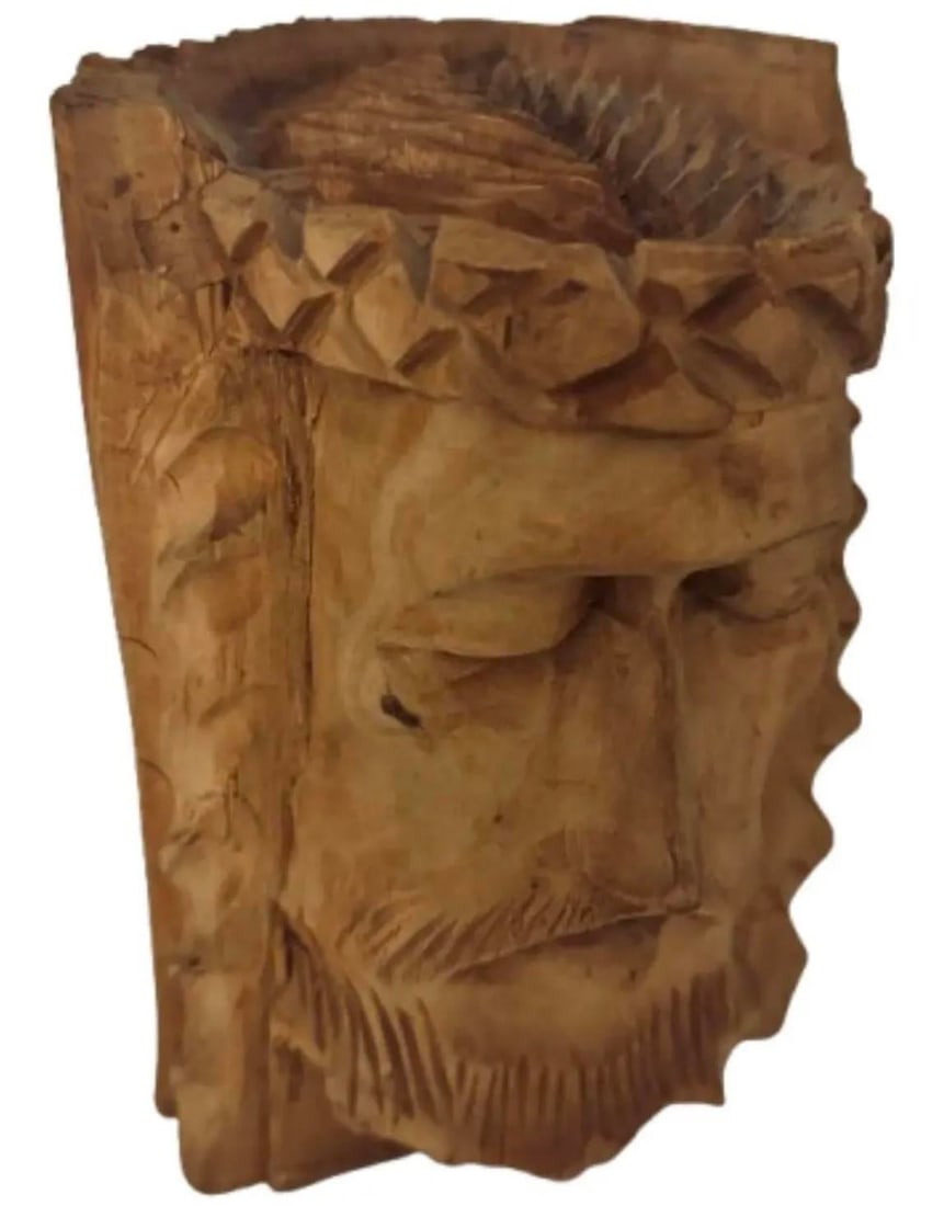 1930s Hand-Carved Wooden Face Sculpture Rustic Holiday Nativity - 4