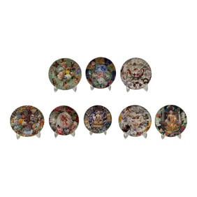 Mid 20th Century Set of 8 Contemporary Decoupage Art Plates – Chinoiserie, Florals & Buddha