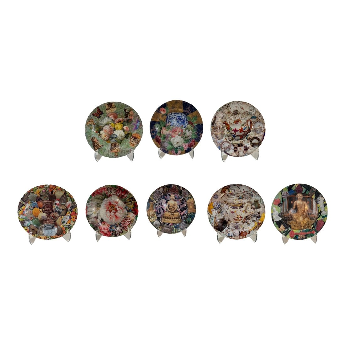 Mid 20th Century Set of 8 Contemporary Decoupage Art Plates – Chinoiserie, Florals & Buddha: Striking set of eight hand-decorated art plates featuring richly layered decoupage imagery. Each plate is uniquely composed, blending fine art, porcelain, floral, and Buddhist motifs in vivid color.