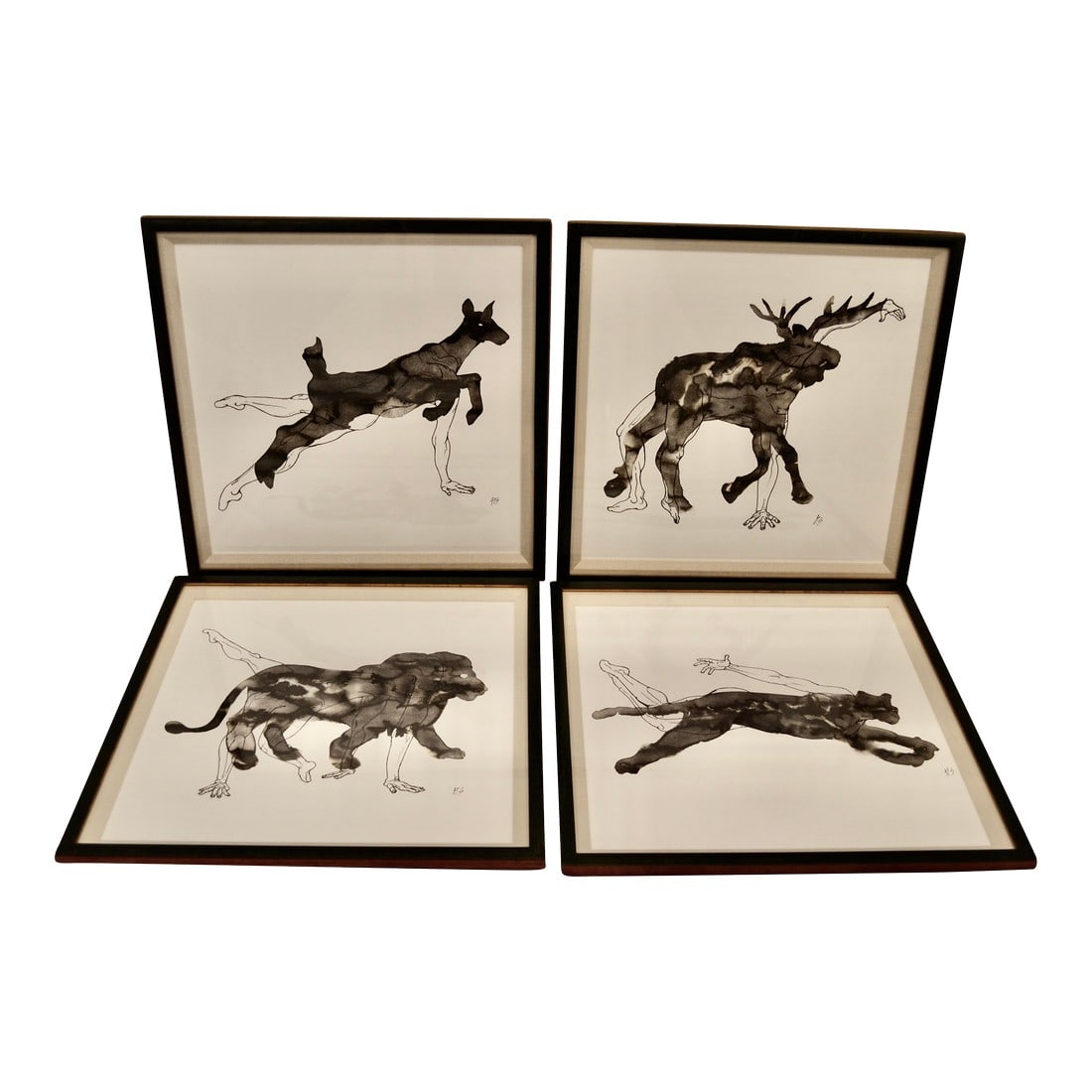 Zoe Bios Framed Male Form Drawings With Watercolor Animal Overlays - Set of 4 (1 of 9)