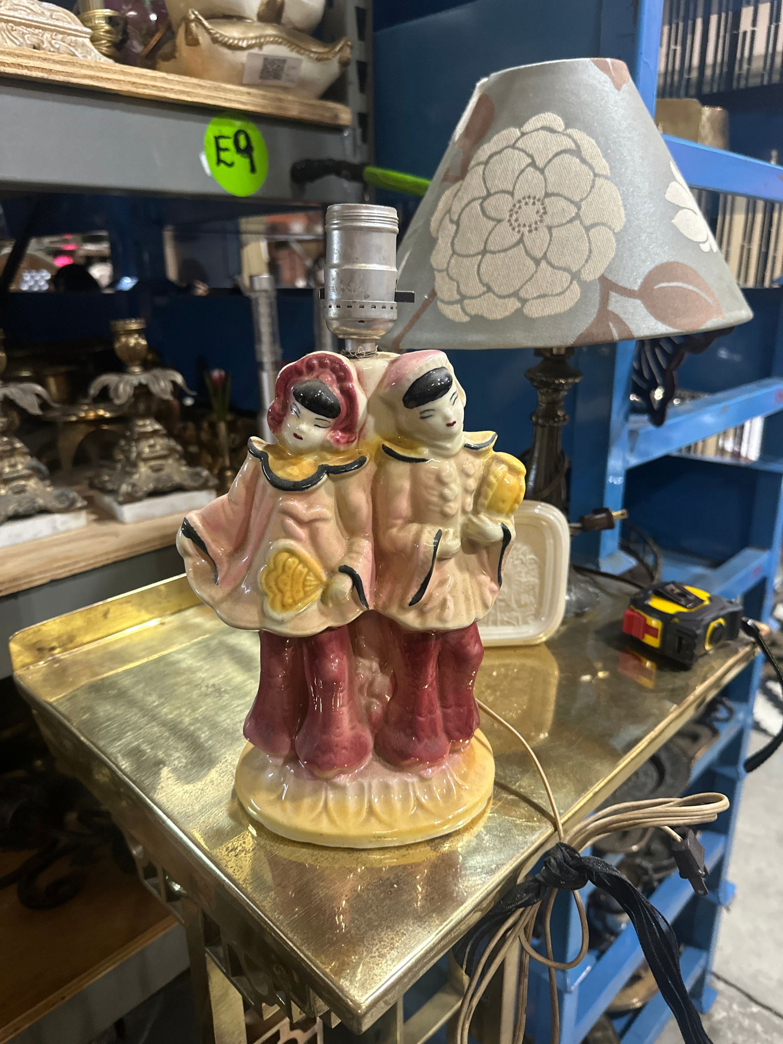 Vintage Ceramic Table Lamp of Two Asian Women With Pink and Yellow Accents - 4