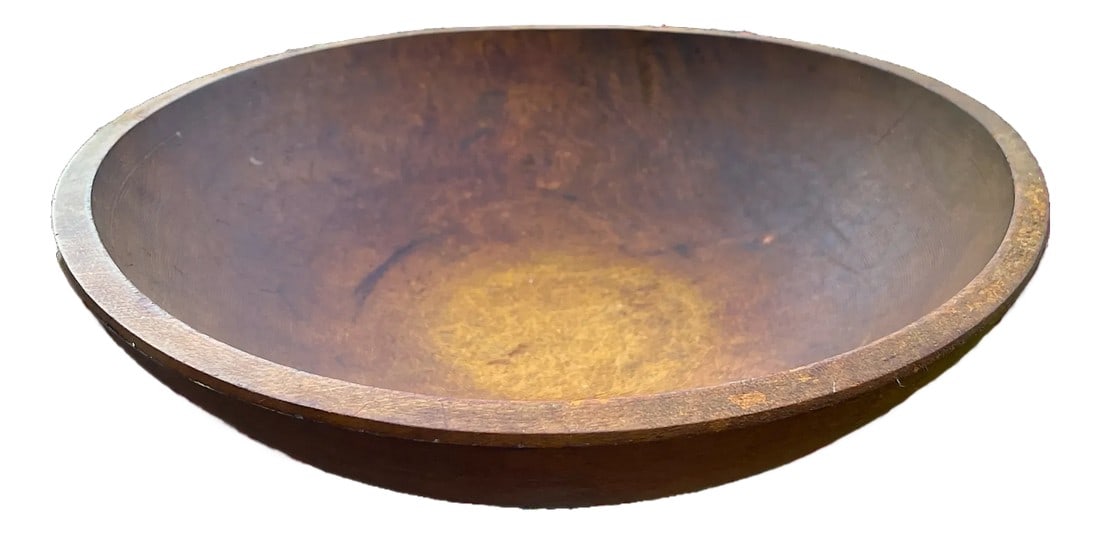 Primitive Hand-Turned Wooden Bowl – 13" Diameter Organic Form "• Warm Patina "•: A soulful, hand-turned wooden bowl with a beautifully irregular profile and rich, time-worn patina. Measuring approximately 13 inches in diameter, this early primitive vessel shows the tool marks,