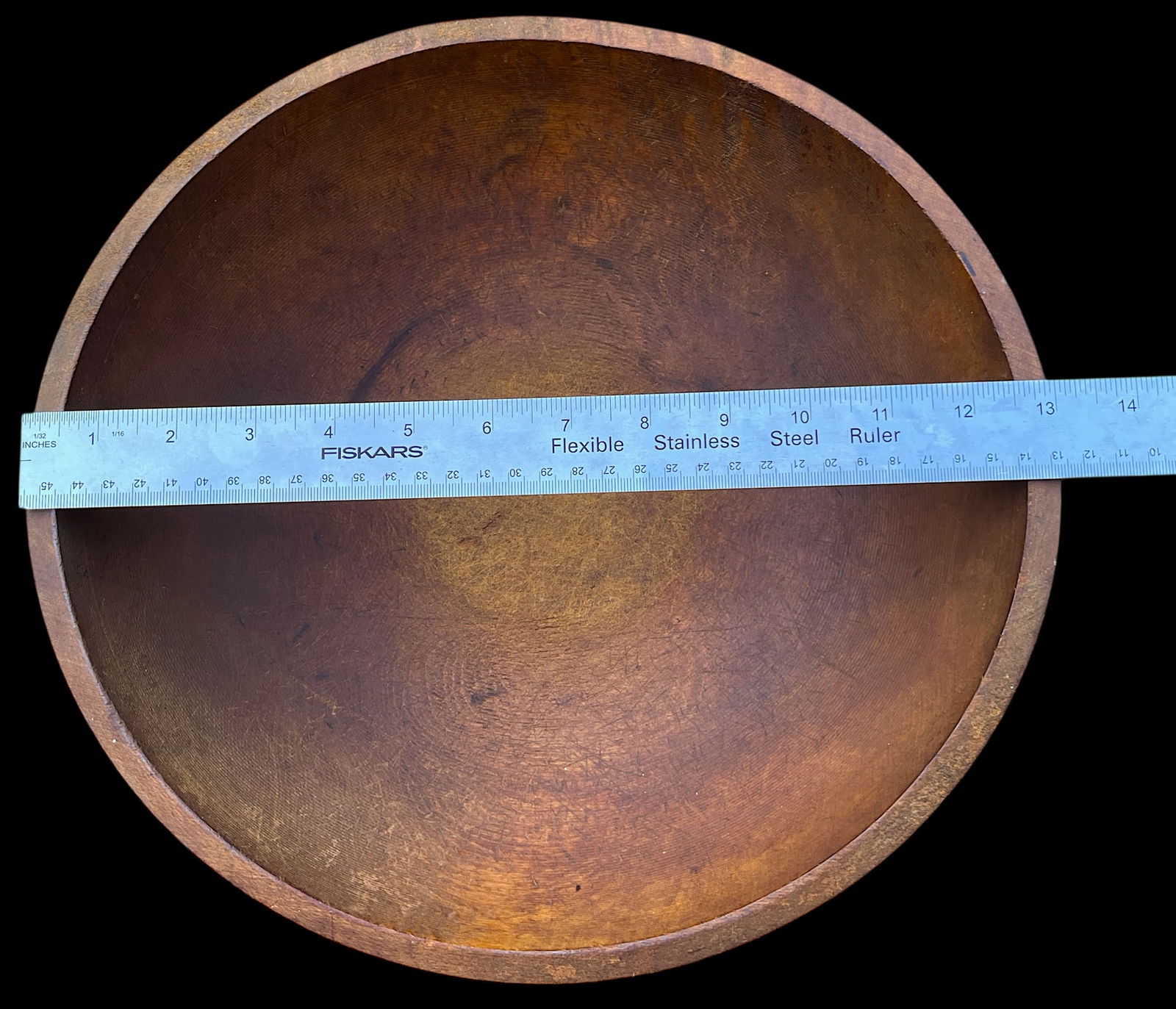 Primitive Hand-Turned Wooden Bowl – 13" Diameter Organic Form "• Warm Patina "• - 8