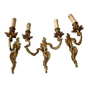 Mid 20th Century French Brass Acanthus Leaf Double Arm Single Arm Pair 3 Piece Sconce Set