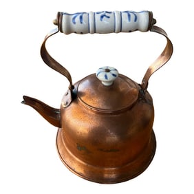 Vintage Copper Tea Pot With Porcelain Blue & White Handle