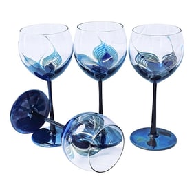 Randy Strong Signed Cobalt Blue Feather Floral Wine Goblets, Set of 4, 1980