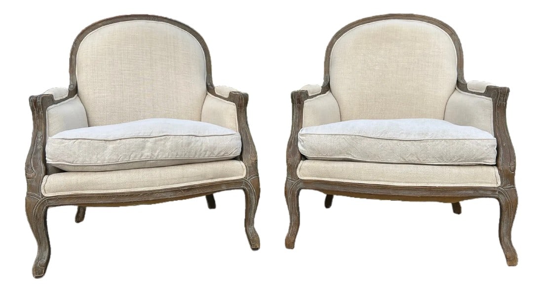 Restoration Hardware Lyon Chairs – French Provincial Louis XV Bergère Style: Restoration Hardware Lyon Chairs – French Provincial Louis XV Bergère Style with Exposed Carved Wood Frame Elevate your interior with these exquisite Restoration Hardware Lyon Chairs,