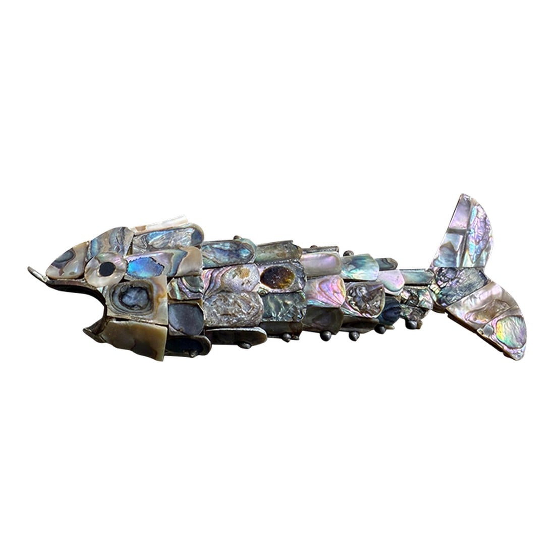 Mexican Articulated Fish Bottle Opener Abalone Shell Los Castillo Style: For your consideration, a vintage Mexican articulated fish bottle opener made with abalone shell in the style of Los Castillo. Unmarked. The body is segmented and articulated, allowing it to bend. 