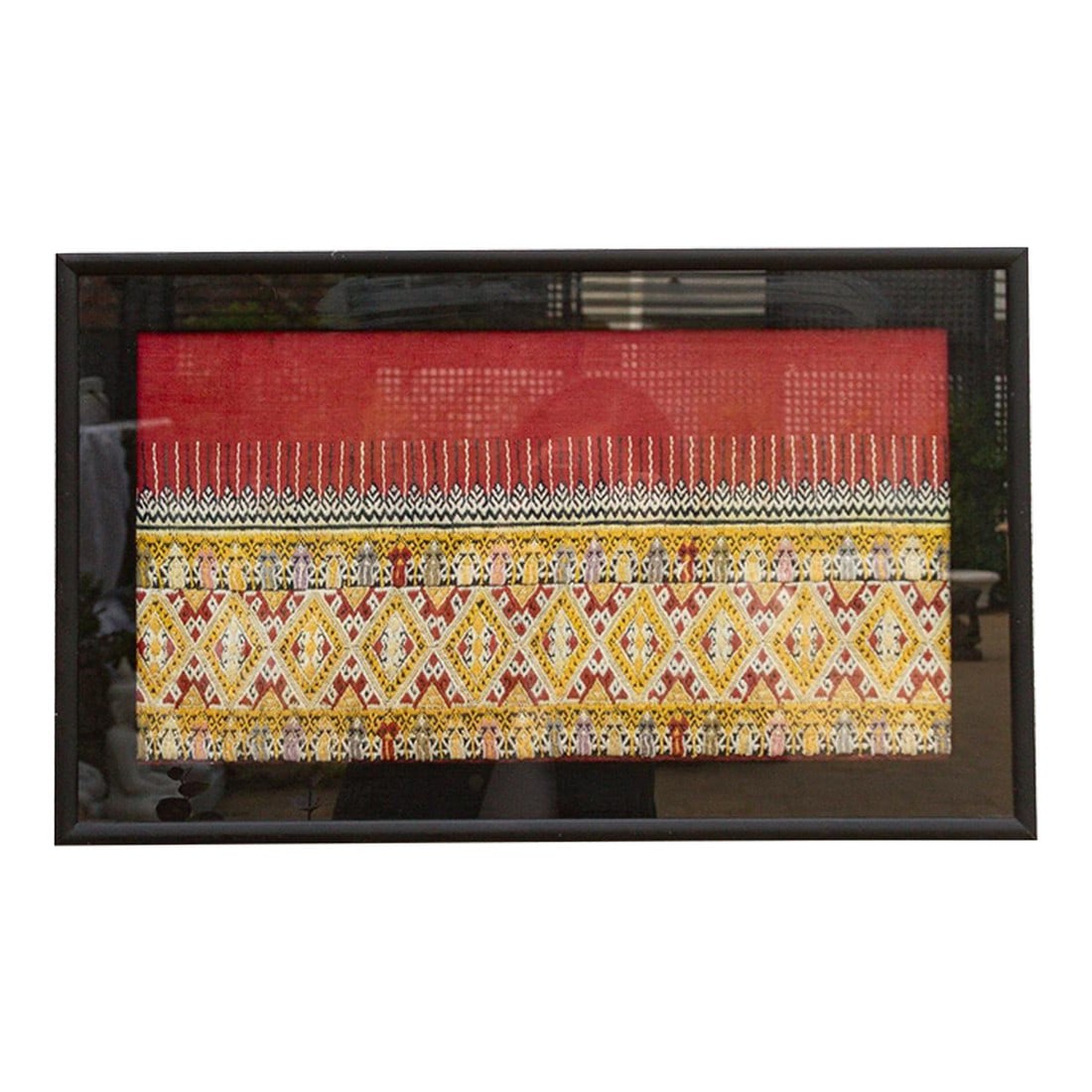 Antique Tai-Lao Ceremonial Woven Cloth: This mesmerizing textile panel is an authentic fragment of an Antique Ceremonial Woven Cloth, distinguished by its rich color and complex geometric structure. Originating from the skilled Tai-Lao