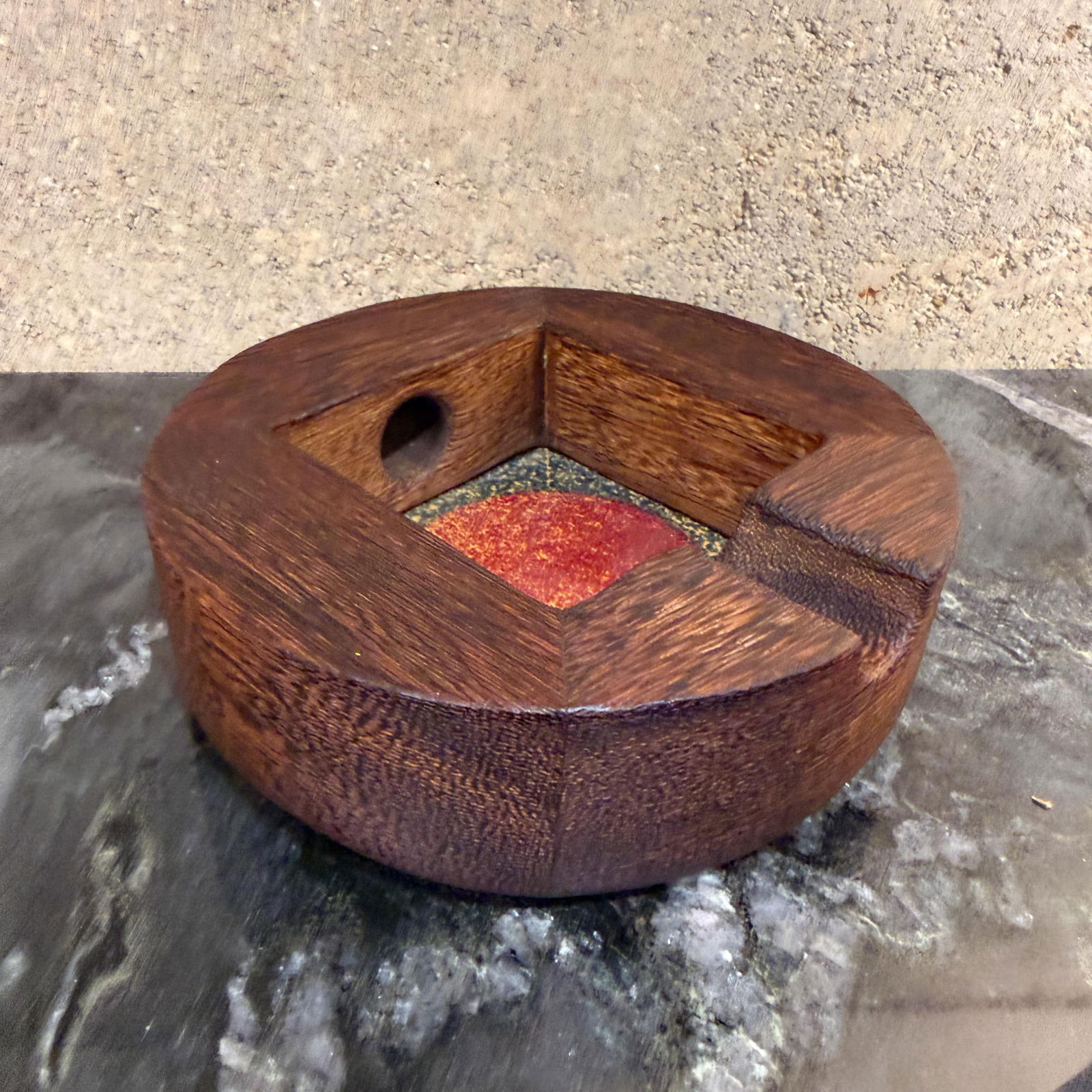 Vintage Modern Handcrafted Ashtray Exotic Wood & Enamel Studio - 2