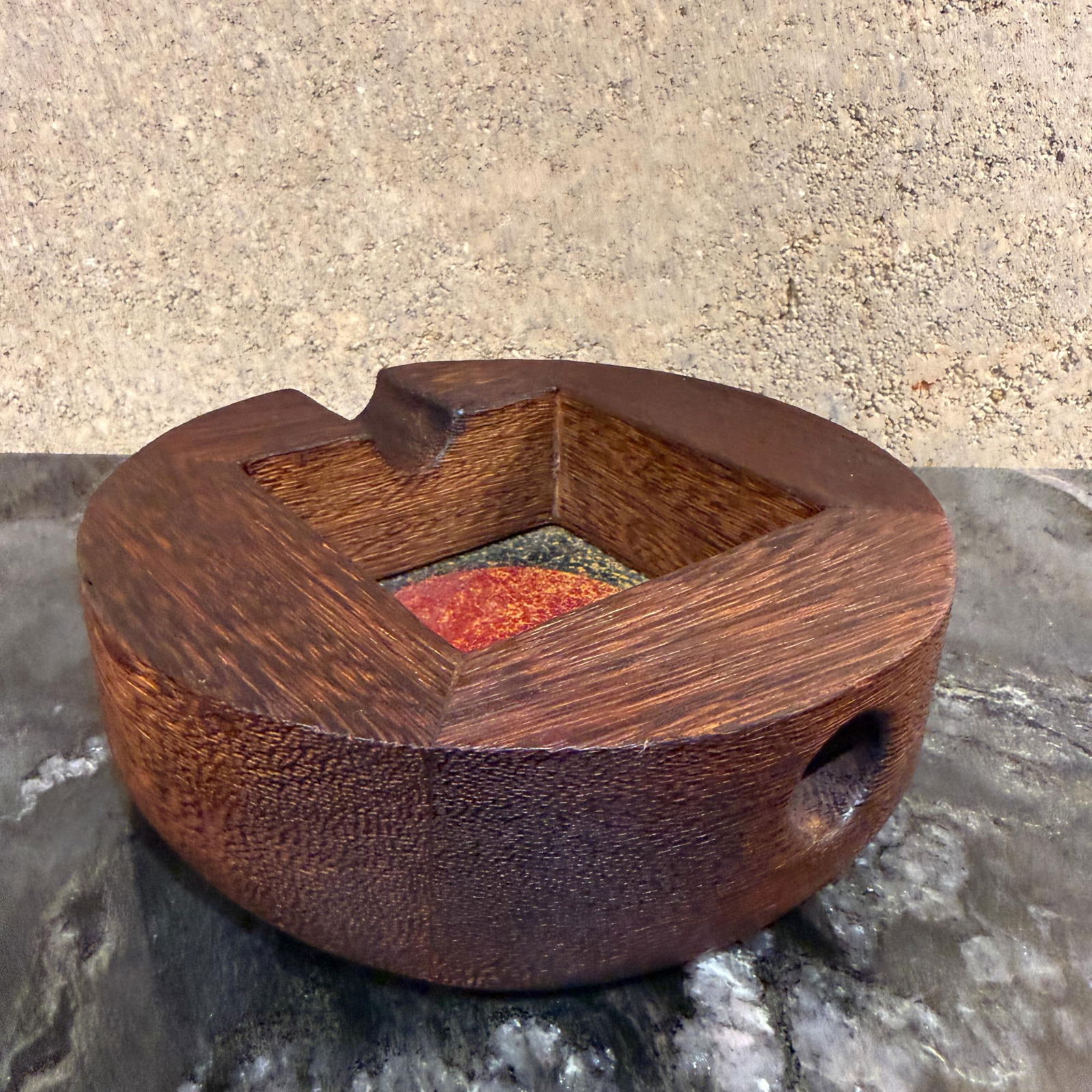 Vintage Modern Handcrafted Ashtray Exotic Wood & Enamel Studio - 3