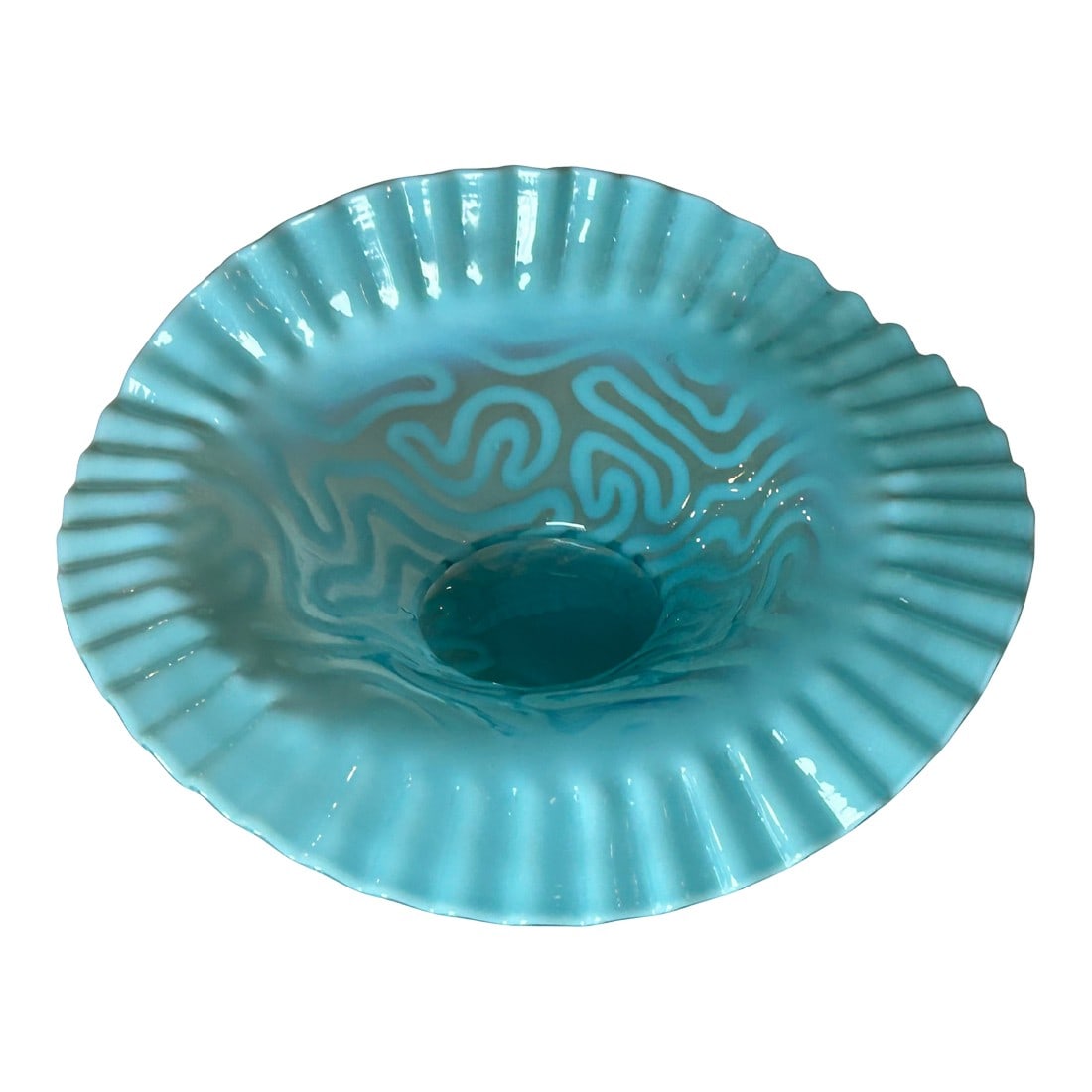 Antique Jefferson Glass Attributed Blue Opalescent "Swirling Maze" Ruffled Bowl | Early American: Antique Jefferson Glass attributed Blue Opalescent "Swirling Maze" Ruffled Bowl | Early American Pattern Glass c.1902 Showcase the beauty of early American craftsmanship with this antique Jefferson