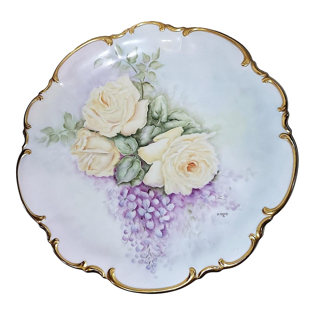 Hand Painted Porcelain Charger, Signed: Elegant gilt edged large decorative charger by Hutchenreuther in the Lorenz pattern from Bavaria, hand-painted and signed. Rose and grape motif warms up any wall. Condition: Alterations: Original