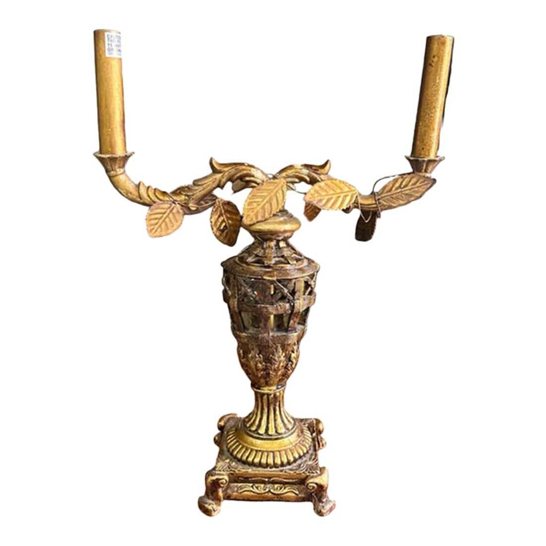 Vintage Gold Double Sided Table Lamp With Gold Leaf Details: Up for consideration is a beautiful vintage gold double sided table lamp with gold leaf details. This is such a lovely piece that would look perfect in your home, and it is a great conversation
