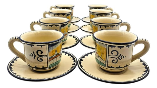 Vintage Corso Dei Fiori Casolare Cups & Saucers Set of 8 Italian Maiolica Painted