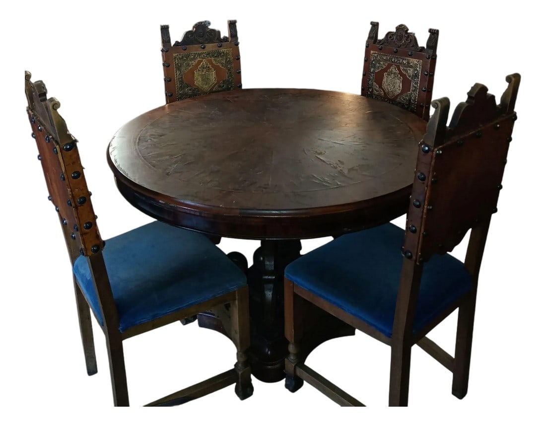 1940s Louis XV Dining Set: This Antique Louis XV Dining Table is an elegant French centerpiece, crafted in warm-toned wood with a rich grain and sculptural detailing. The base is substantial and highly decorative, featuring