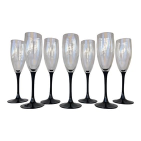 Vintage Black Stem Champagne Flute Glasses Styles After Cristal d'Arques- Durand Set of 7