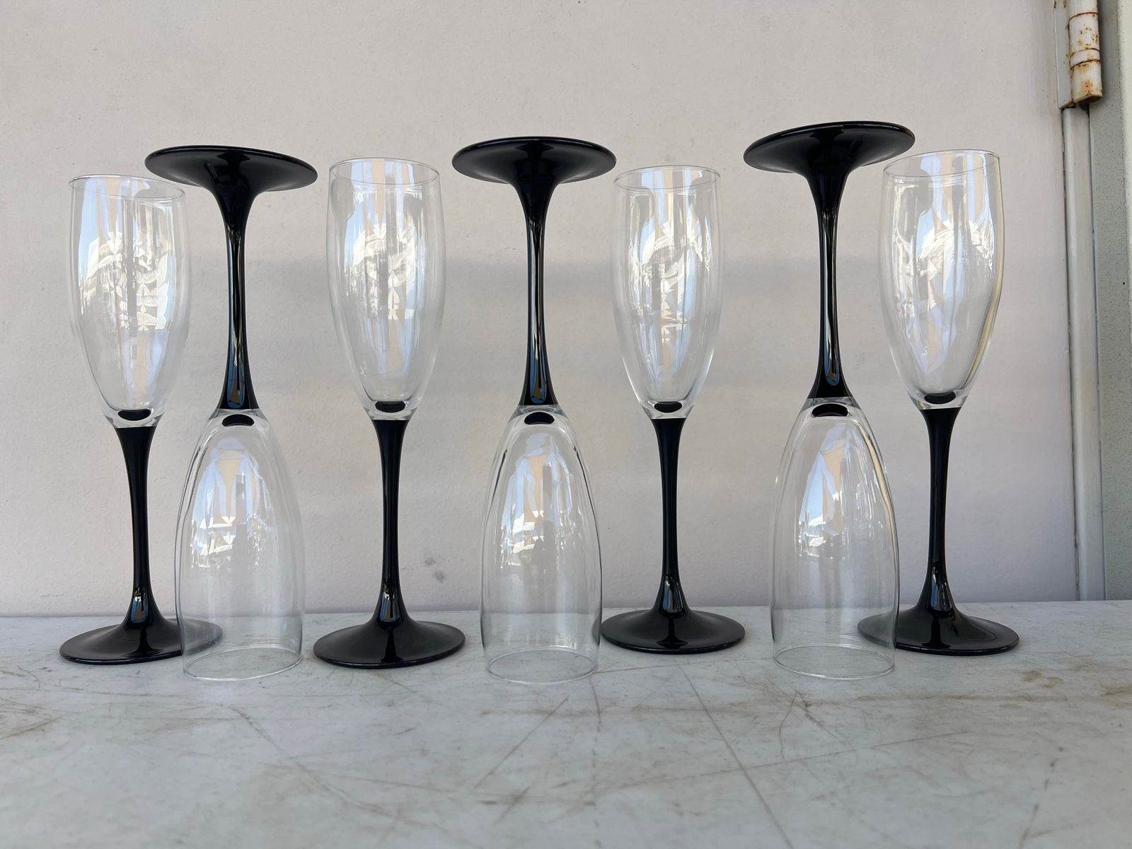 Vintage Black Stem Champagne Flute Glasses Styles After Cristal d'Arques- Durand Set of 7 - 2