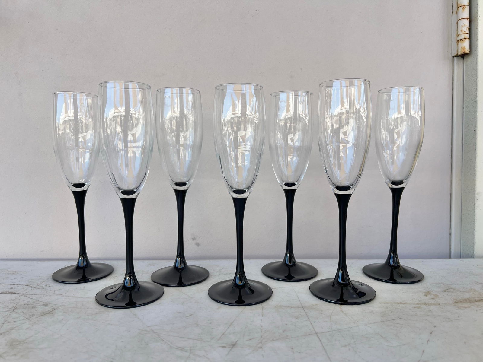Vintage Black Stem Champagne Flute Glasses Styles After Cristal d'Arques- Durand Set of 7 - 3