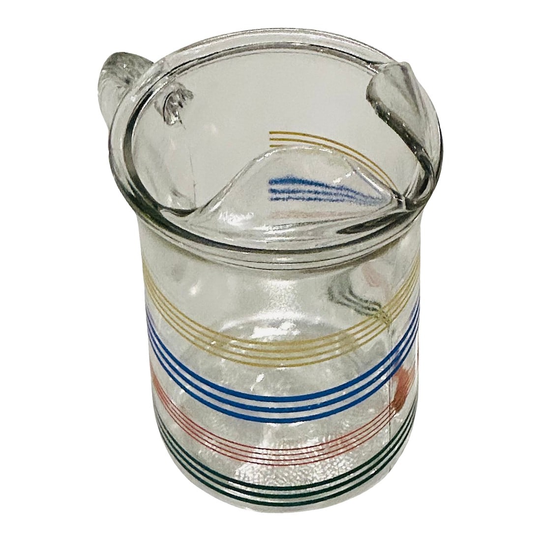 Vintage "Fiesta Stripe" Glass Pitcher – Attributed to Anchor Hocking, Multicolor Rainbow Bands: Vintage "Fiesta Stripe" Glass Pitcher – Attributed to Anchor Hocking, Multicolor Rainbow Bands, Mid-Century Modern 9" Iced Tea Pitcher This charming vintage multicolor striped glass pitcher,