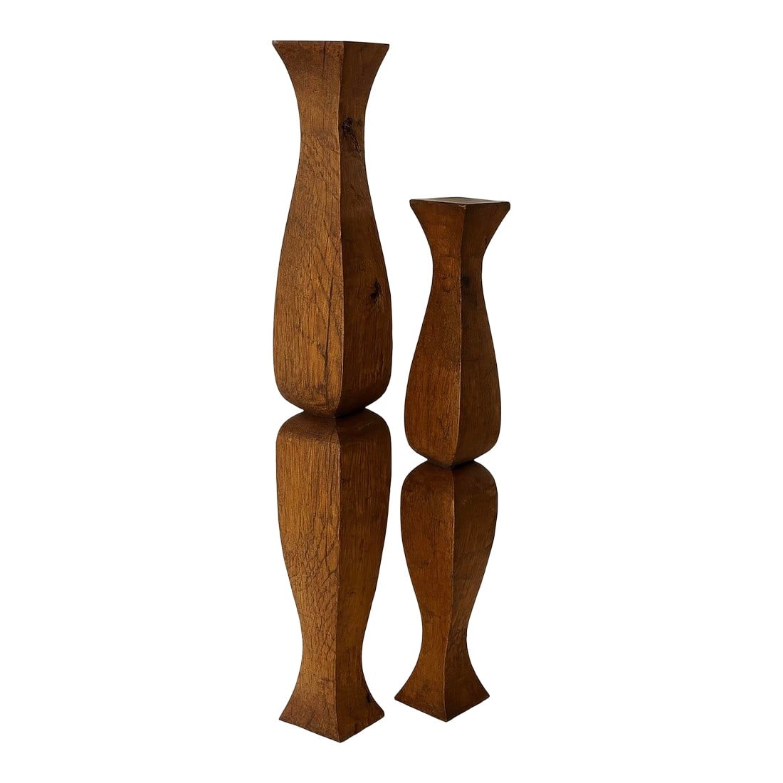 22" & 17" Architectural Hand-Carved Wood Totem Duo Organic Modern Sculpture 1970: A gallery-level pair of hand-carved wooden totems, sculpted in the 1970s in the organic modern tradition. Crafted in Canada, this duo reflects the era's studio woodworking movement, where sculptors