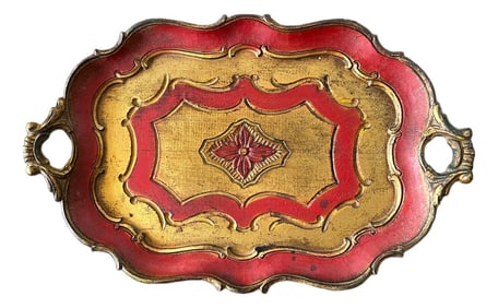 1960s Italian Florentine Gilt & Lacquer Tray – Red & Gold – 14" X 9"
