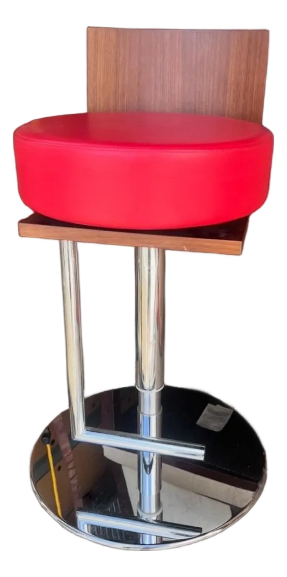 Single Poltrona Frau Bar Stool / Seat / Red Leather: 1 - Poltrona Frau Le Spighe bar stool with a red leather seat and wood backrest. Designed by Claudio Silverstein red leather, wood , chromed metal , with manufacturers label to underside made in