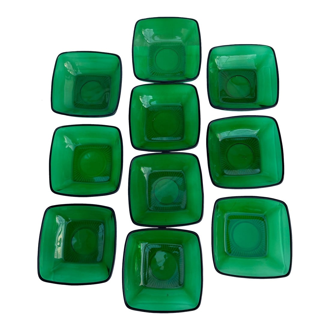 1940s Mid Century Green Square Bowls Fire King Anchor Hocking -10: Mid Century, 1940-1950 Forest Green bowls. Square glass 4" bowls. By Fire King Anchor Hocking. Perfect for Christmas entertaining. Condition: Alterations: Original Condition Unaltered