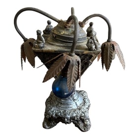 Vintage Asian Style Silver Table Lamp With Leaf Accents