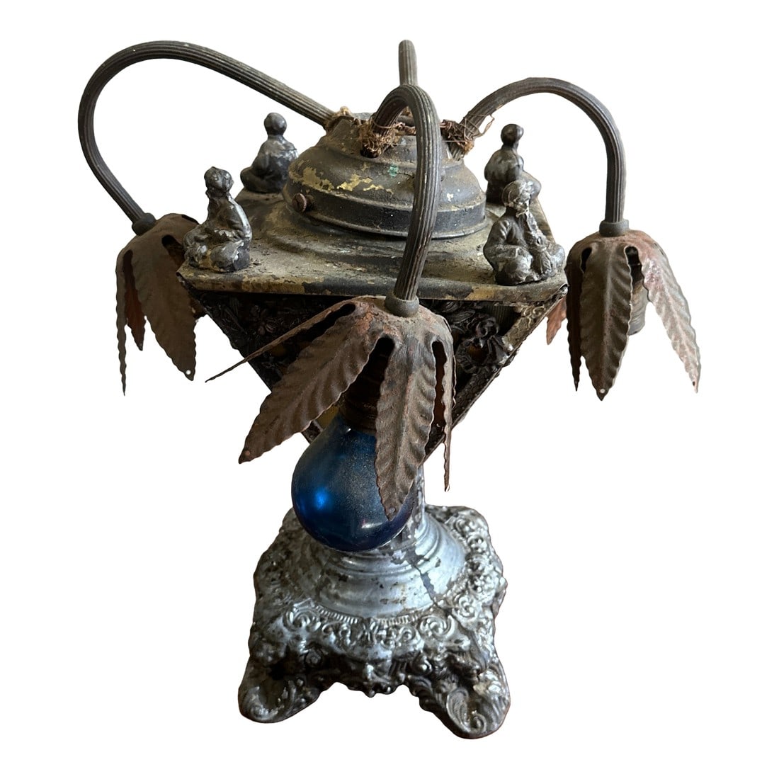 Vintage Asian Style Silver Table Lamp With Leaf Accents: Up for consideration is a beautiful vintage Asian style silver table lamp with leaf accents. This is such a lovely piece that would look perfect in your home, and it is a great conversation starter