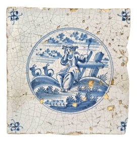 17th Century Dutch Delft Blue and White Figural Landscape Tile, 5-Inch