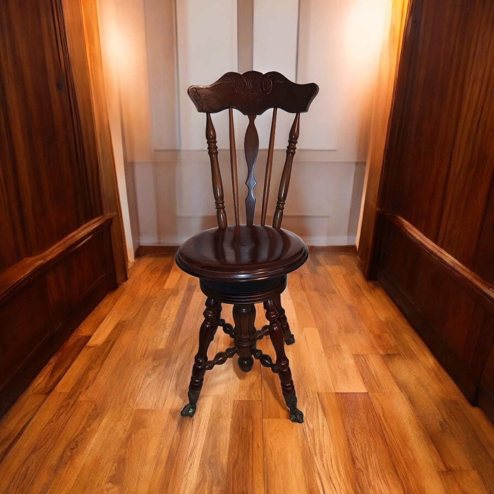 1880s High Back Piano Stool Solid Walnut Glass Ball & Iron Claw Feet - 3