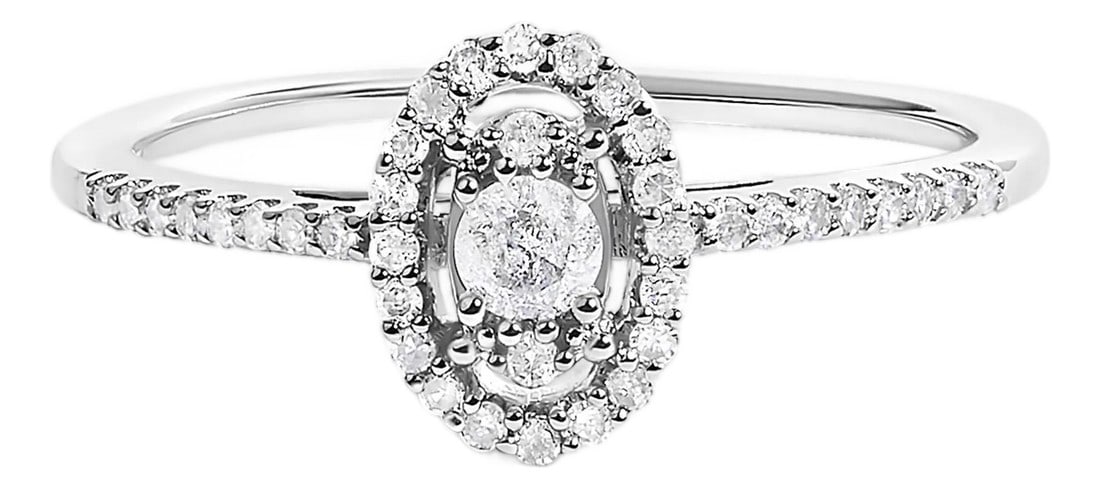 14K White Gold 1/5 Cttw Diamond Oval Shape With Halo Engagement Ring (H-I Color, I1-I2 Clarity) - Si: A masterpiece of delicate craftsmanship, this engagement ring is wrought from lustrous 14K white gold, finished with a rhodium plating to amplify its radiant gleam. At its heart lies an enchanting