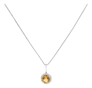 10K White Gold Orange Citrine and 1/10 Cttw Diamond Accent Halo Pendant Necklace