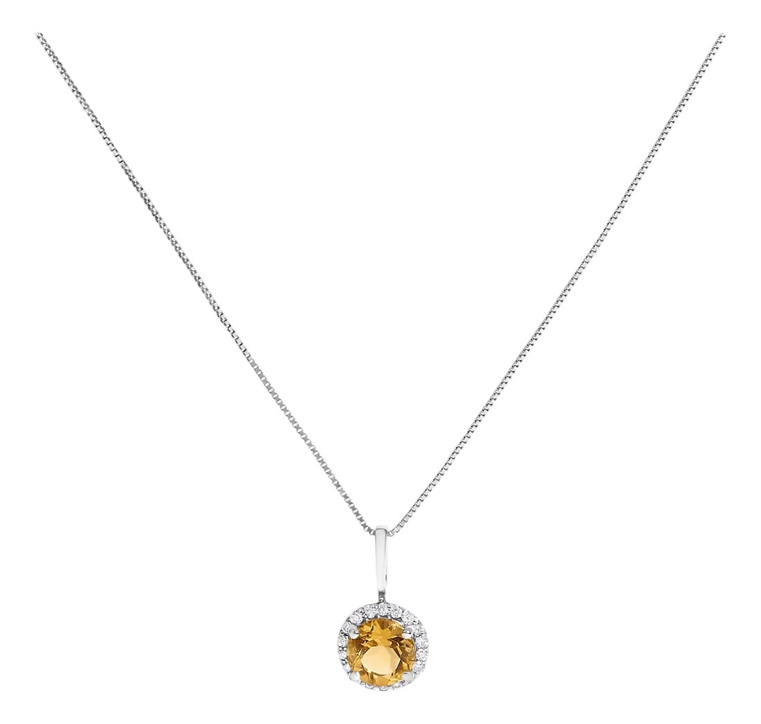 10K White Gold Orange Citrine and 1/10 Cttw Diamond Accent Halo Pendant Necklace: Adorn your neckline with the exquisite allure of this 10K white gold pendant necklace, where the warmth of the metal seamlessly complements the fiery depths of a 6mm heat-treated natural orange