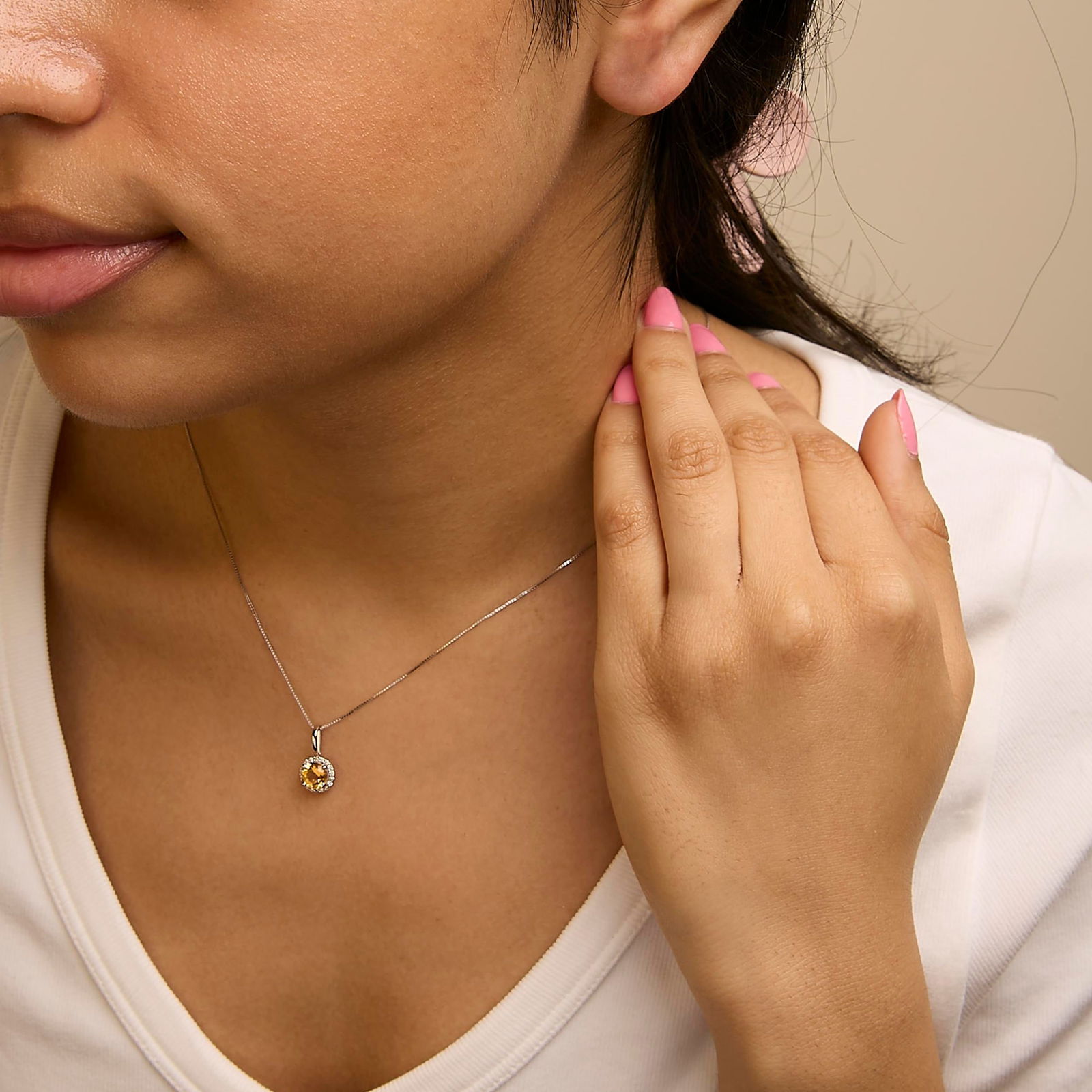 10K White Gold Orange Citrine and 1/10 Cttw Diamond Accent Halo Pendant Necklace - 4