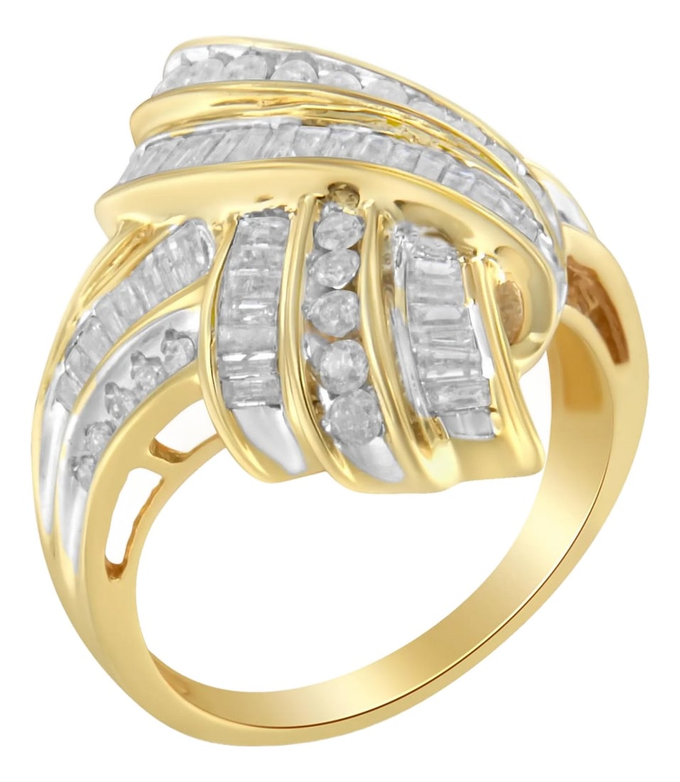 10K Yellow Gold Plated .925 Sterling Silver 1.0 Cttw Round & Baguette Diamond Knot Channel Statement: This gorgeous ribbon style knot statement ring is crafted in 10 karat yellow gold flashed 92.5% sterling silver. Natural, earth mined diamonds cut into round and baguette shapes are set into channels