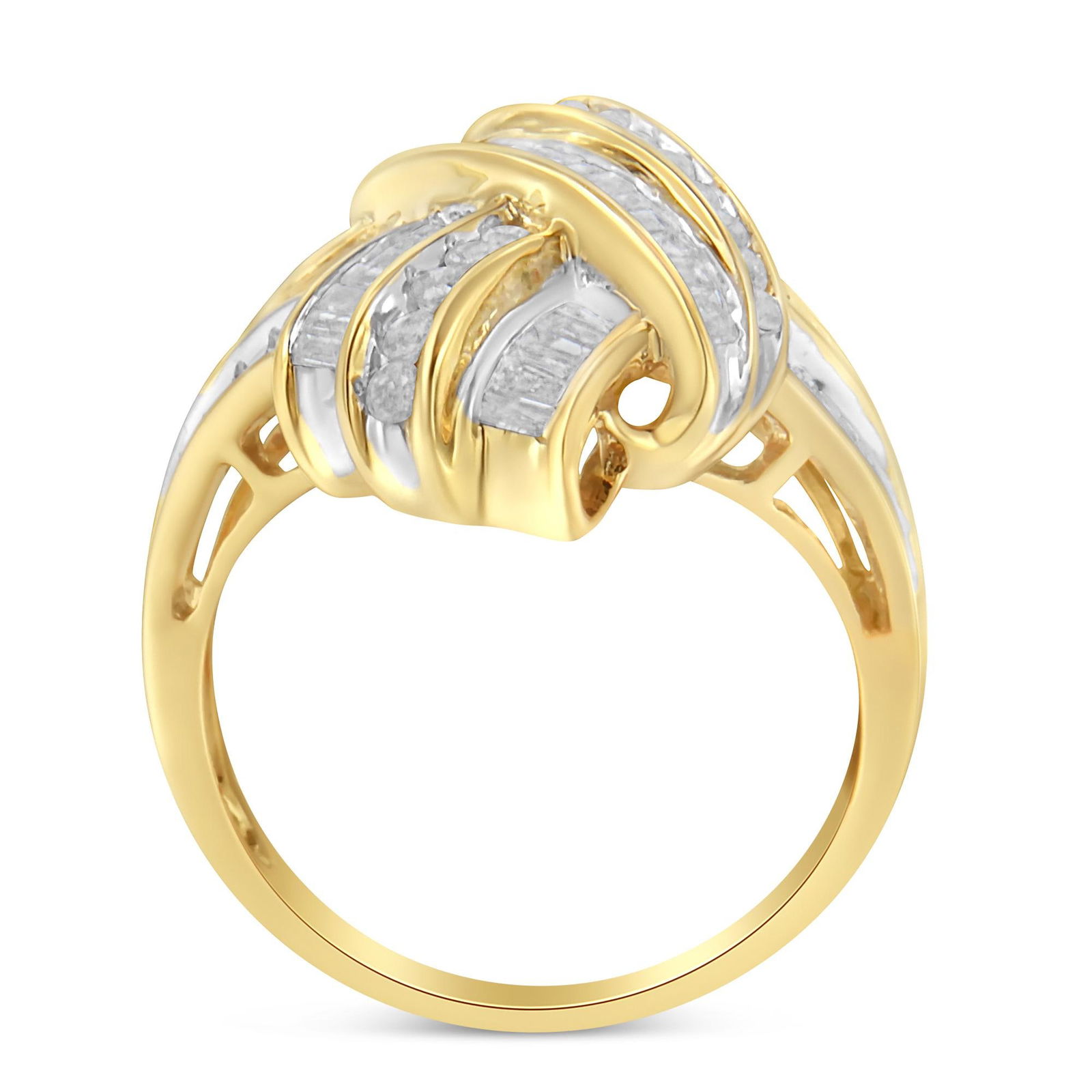 10K Yellow Gold Plated .925 Sterling Silver 1.0 Cttw Round & Baguette Diamond Knot Channel Statement - 2