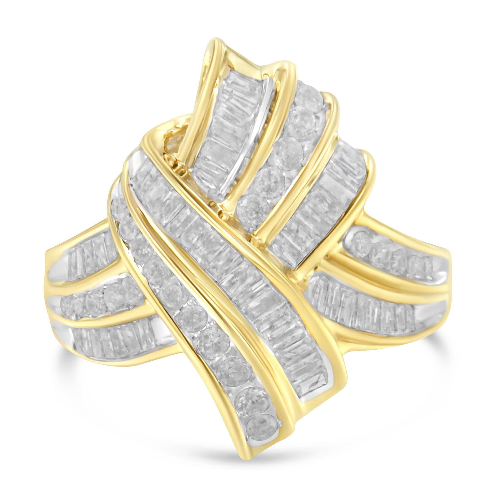 10K Yellow Gold Plated .925 Sterling Silver 1.0 Cttw Round & Baguette Diamond Knot Channel Statement - 3