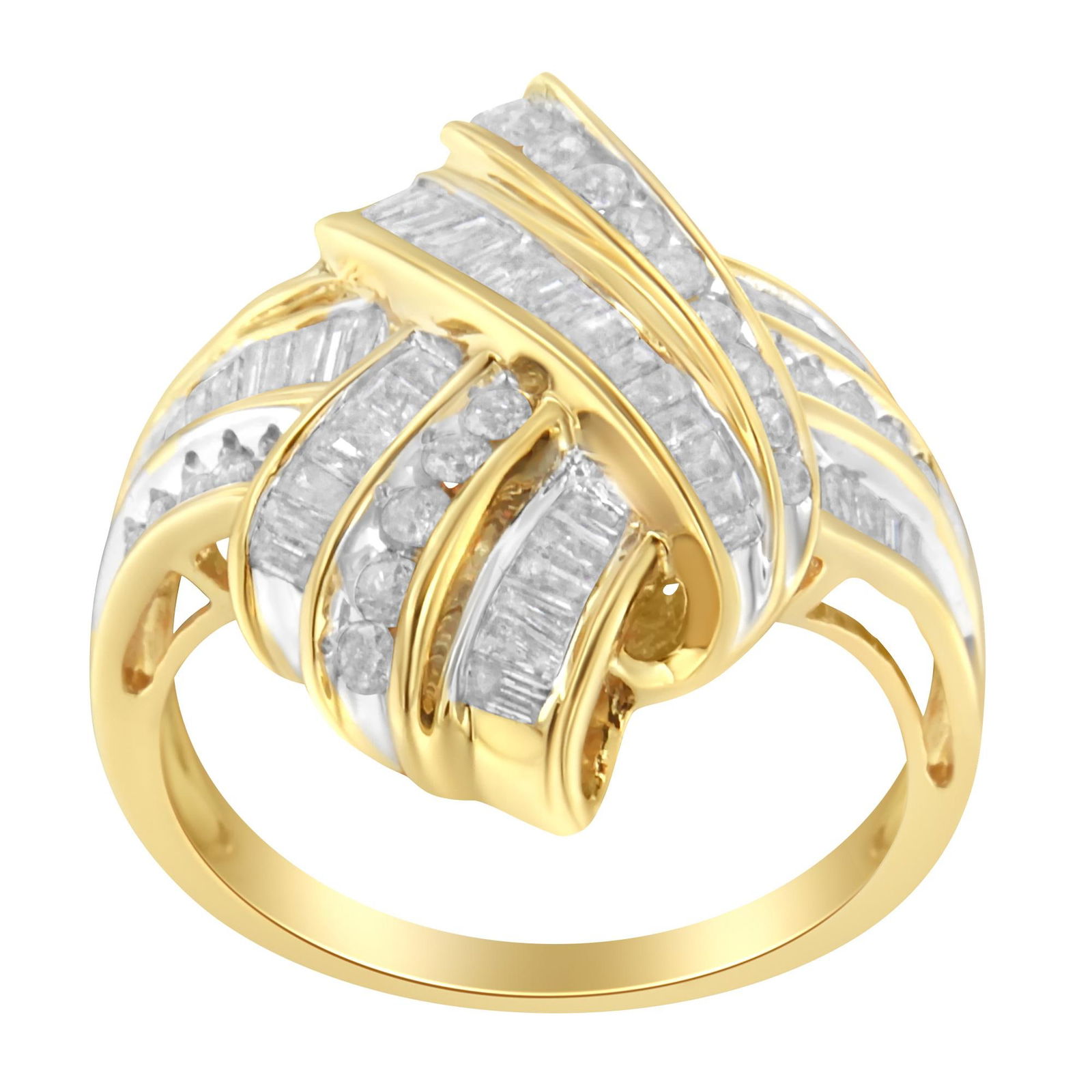 10K Yellow Gold Plated .925 Sterling Silver 1.0 Cttw Round & Baguette Diamond Knot Channel Statement - 4
