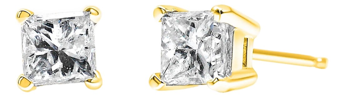 AGS Certified 3/8 Cttw Princess-Cut Square Diamond 4-Prong Solitaire Stud Earrings in 14K Yellow Gol: Celebrate any occasion with these classic shimmering diamond stud earrings. Fashioned in 14K yellow gold, each earring showcases a sparkling square shaped, brilliant cut certified diamond solitaire.