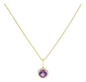 10K Yellow Gold Purple Amethyst and 1/10 Cttw Diamond Accent Halo Pendant Necklace