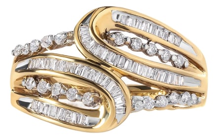 10K Yellow Gold 1/2 Cttw Round and Baguette cut Diamond Open Space Bypass Ring (H-I Color, SI2-I1 Cl