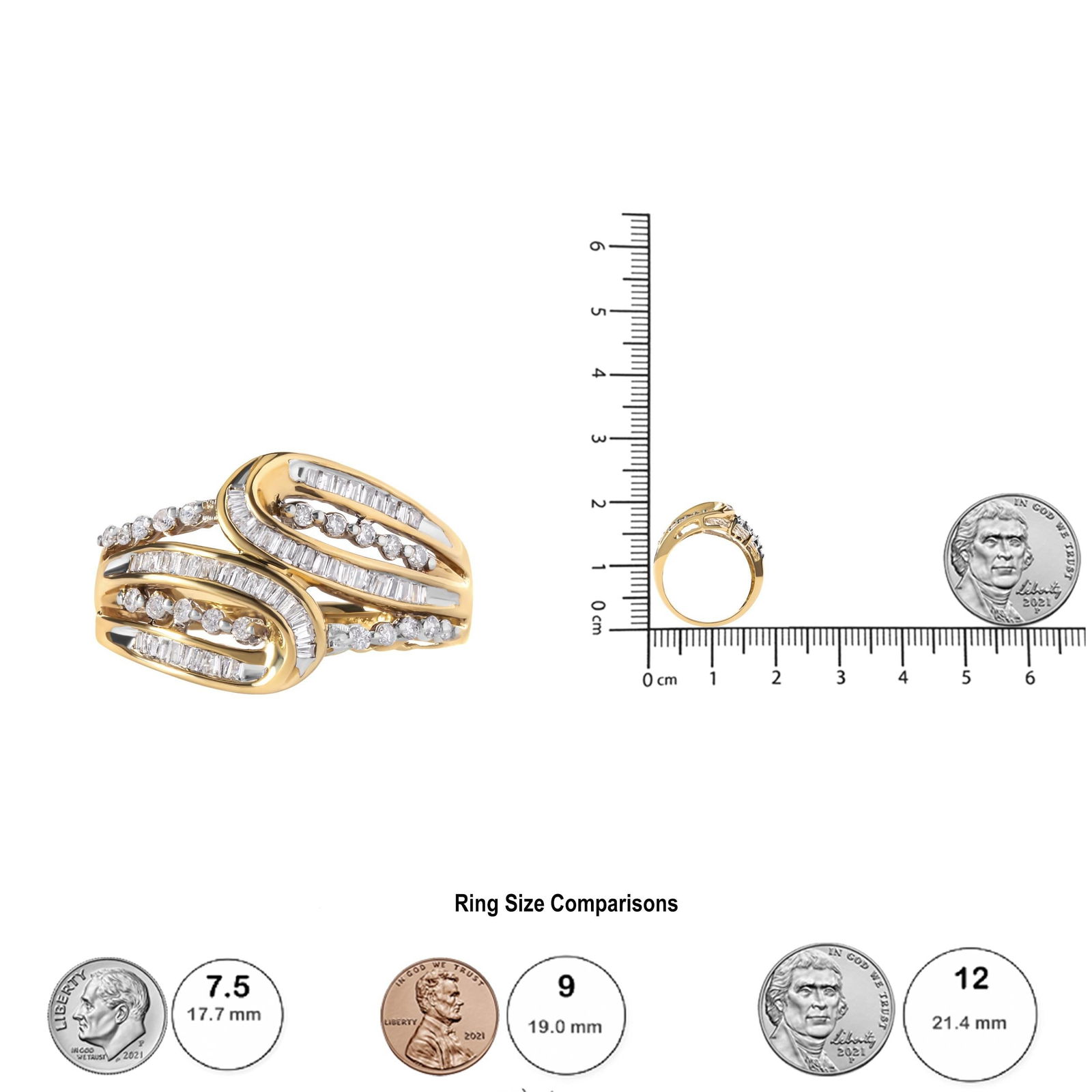 10K Yellow Gold 1/2 Cttw Round and Baguette cut Diamond Open Space Bypass Ring (H-I Color, SI2-I1 Cl - 6
